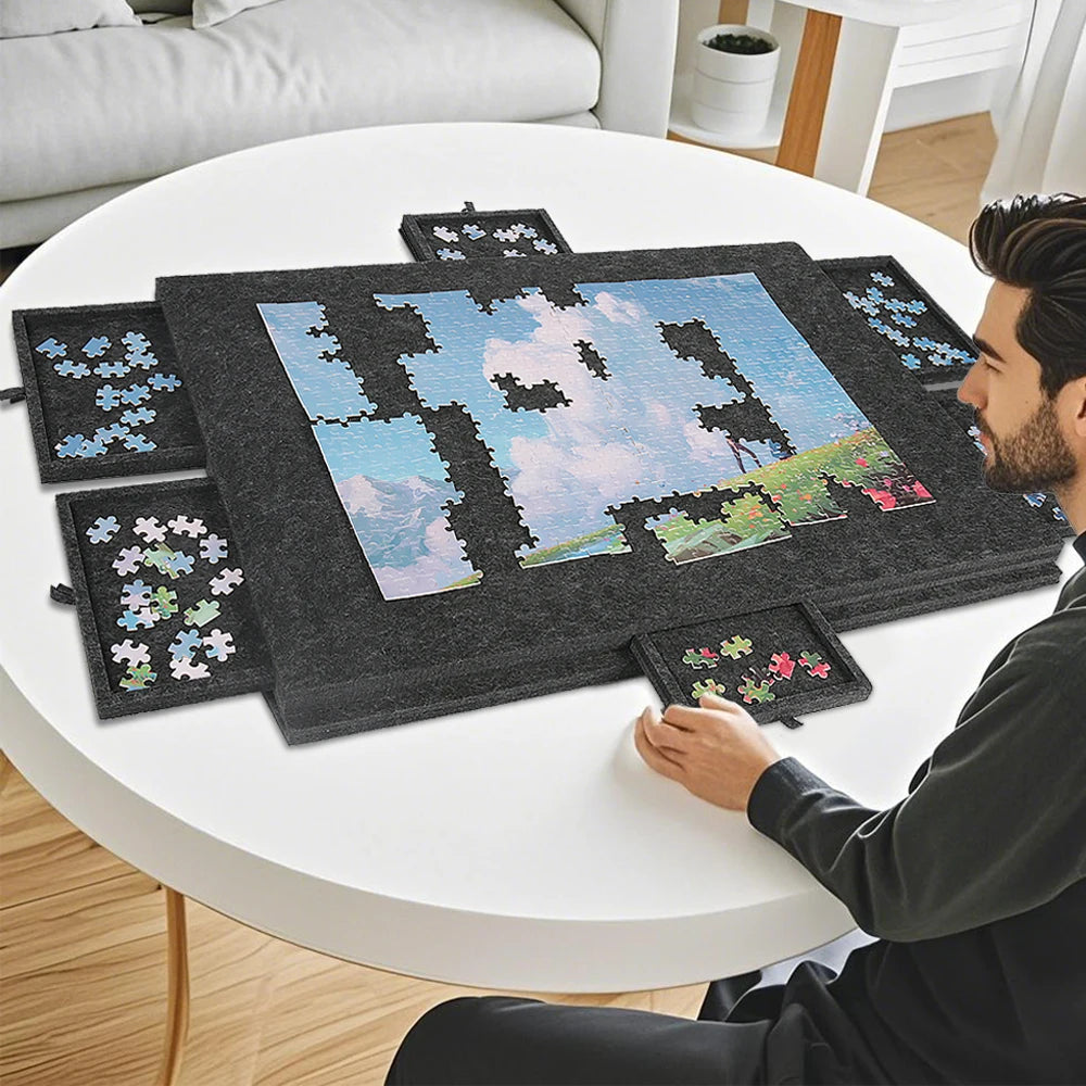 Portable Felt Puzzle Table Board - Foldable with Bracket Cover,Home Office 6 Drawers Storage Organizer for Puzzle&Craft Supplies