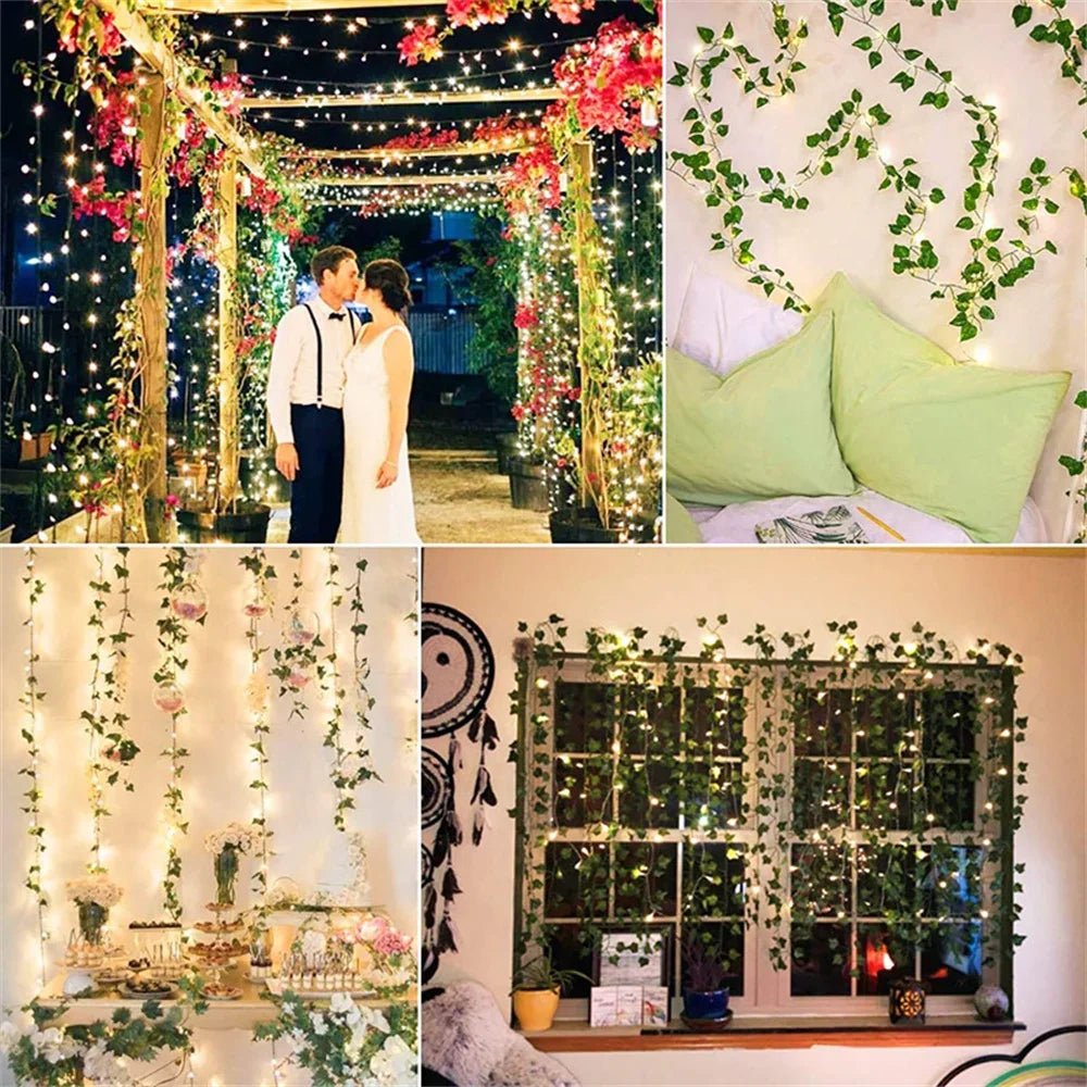 Guirnalda de Luces con Hojas Verdes – Decoración LED a Pilas, Impermeable (2M/5M/10M)