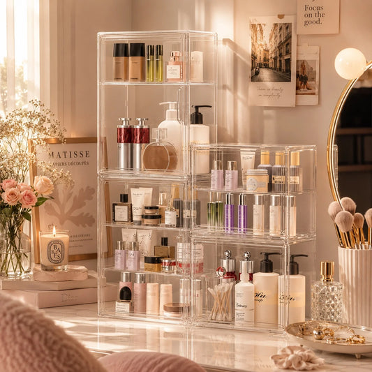 Estuche Transparente Organizador de Maquillaje, Caja Organizadora de Cosméticos a Prueba de Polvo, Contenedores de Cuidado de la Piel, Estuches Expositores de Cosméticos en Capas de Gran Capacidad