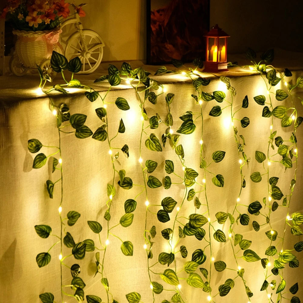 Guirnalda de Luces con Hojas Verdes – Decoración LED a Pilas, Impermeable (2M/5M/10M)