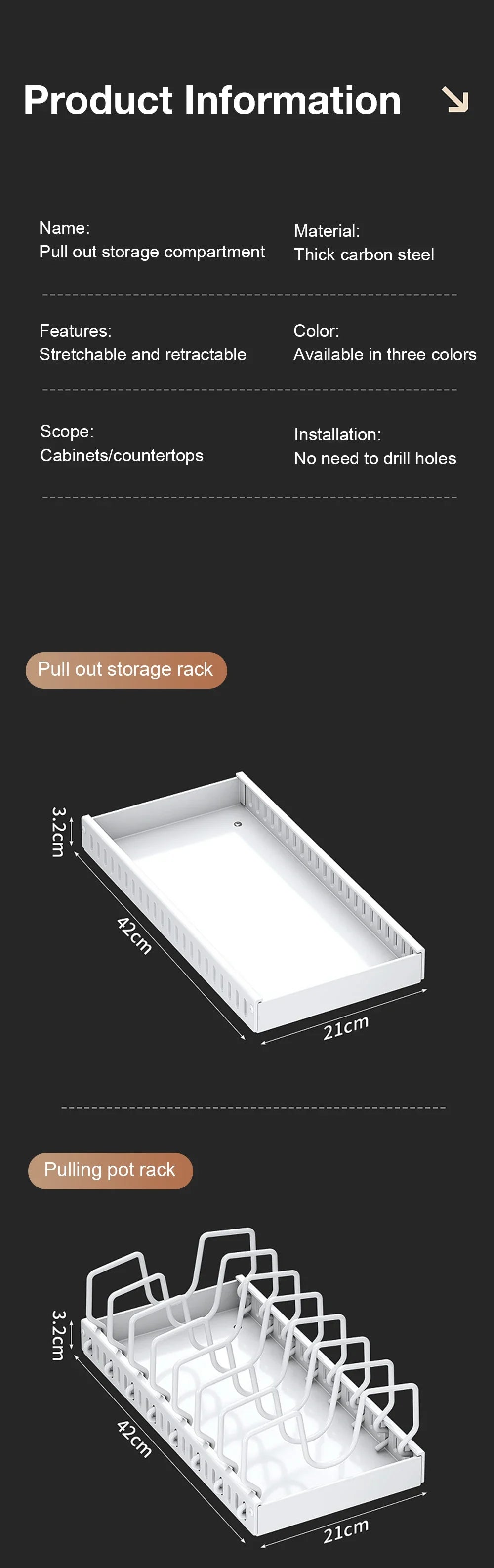 1Pc Kitchen Multifunctional Organizer Pull Out for Pots/Pans Sliding Lid Holder Spice Rack & Dish Drying Racks Drawer Organizer