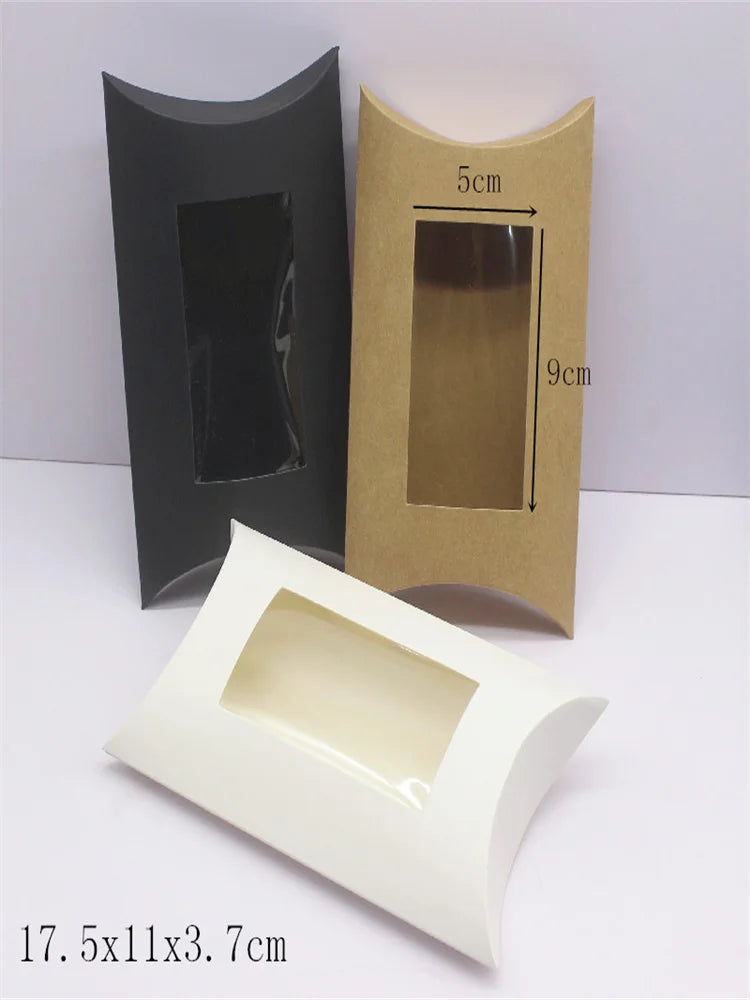 10pcs DIY gift packaging with windows, white/kraft paper/black, multiple size pillow packaging box