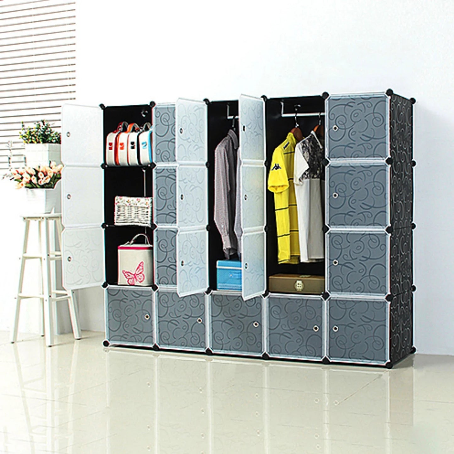 Wardrobe shoe cabinet storage cabinet, 20 cubes wardrobe with 2 clothes rails, stackable folding wardrobe, for bedroom clothes