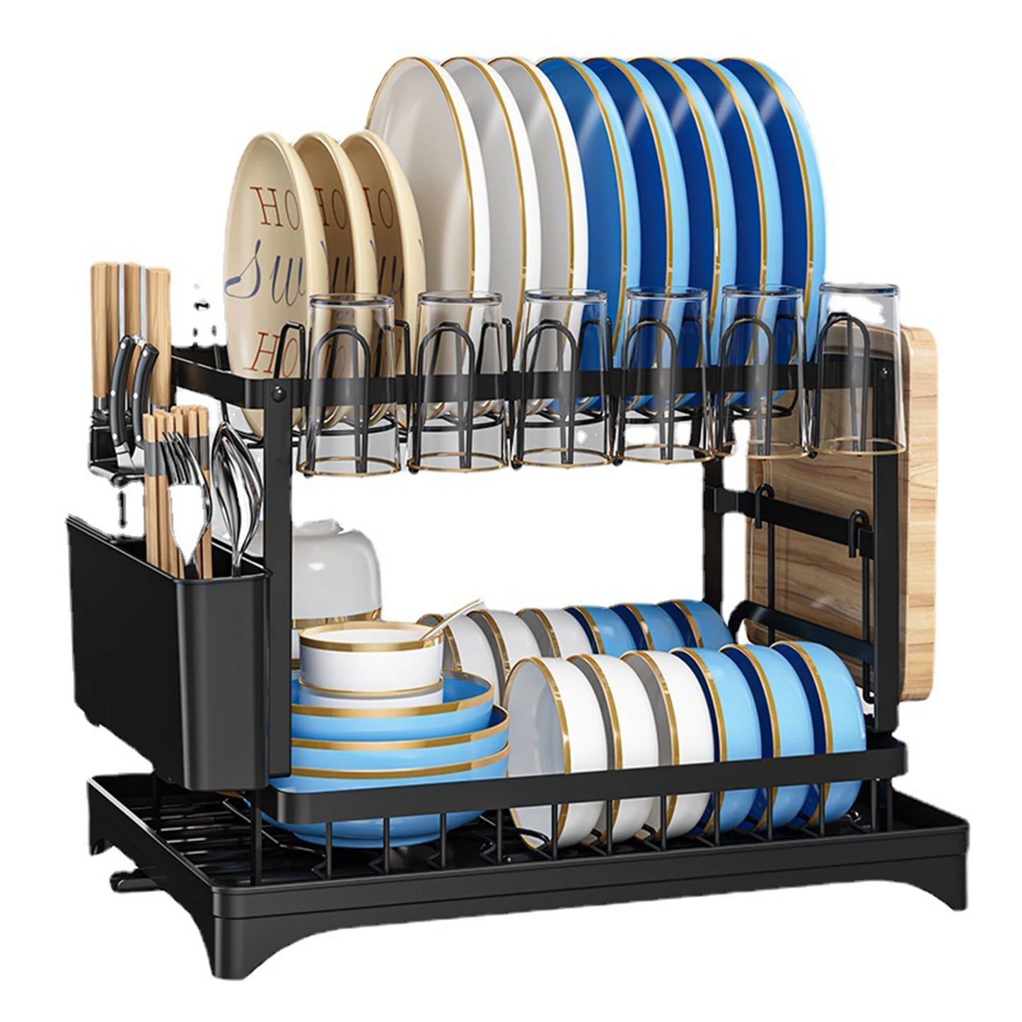 2 Layers Dish Drying Rack With Drainboard Household Dish Storage Holder Carbon Steel Sink Kitchen Organizer with Cutlery Holder
