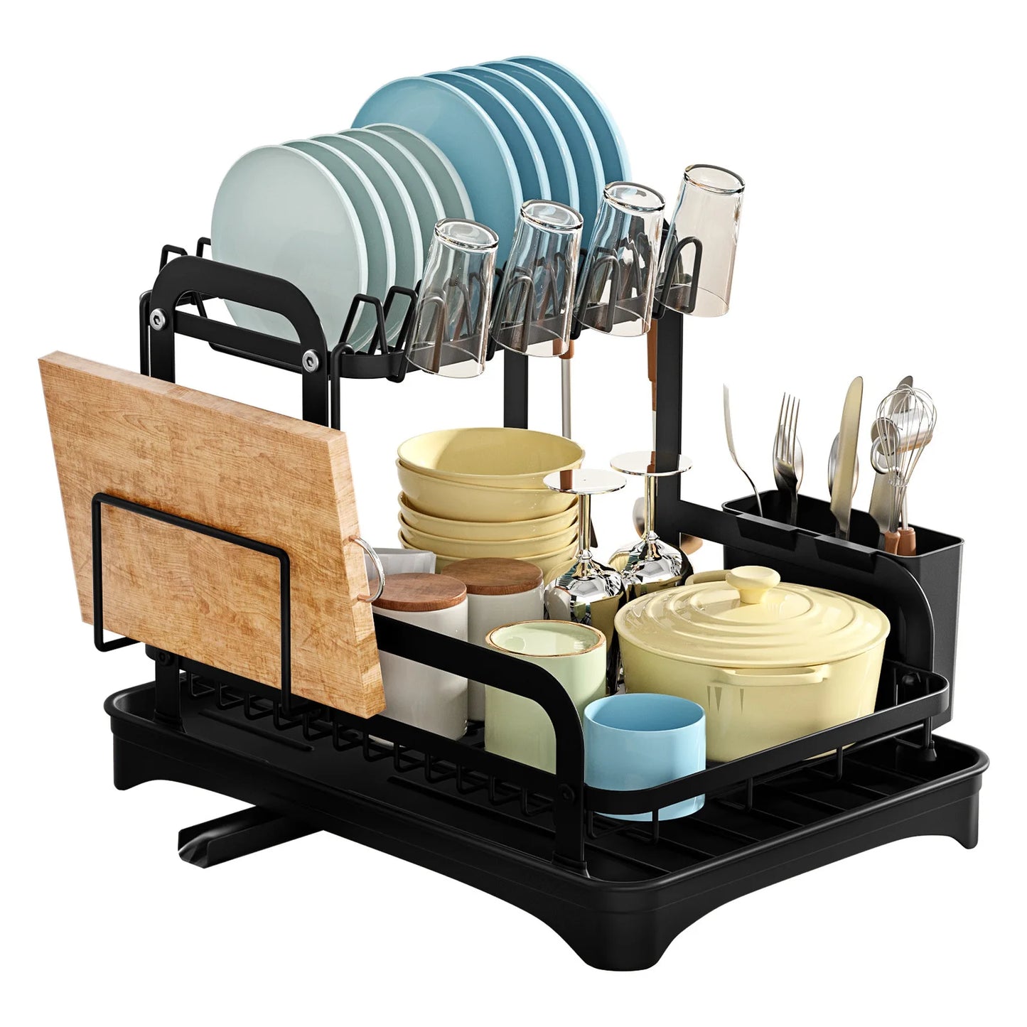 2 Layers Dish Drying Rack With Drainboard Household Dish Storage Holder Carbon Steel Sink Kitchen Organizer with Cutlery Holder