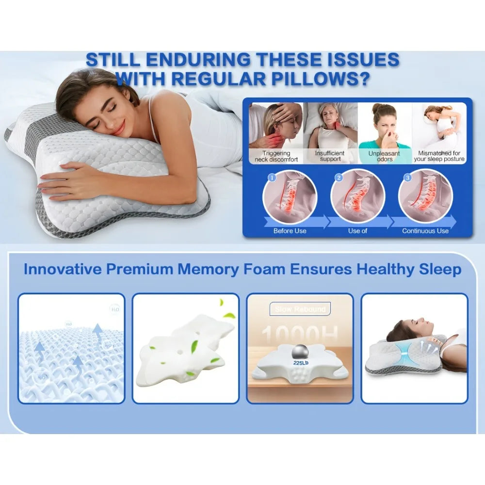 Almohada ergonómica de espuma viscoelástica tipo mariposa para alivio del dolor de cuello, almohada cervical ortopédica para cama para quienes duermen de lado, boca arriba o boca abajo, soporte para cabeza y hombros