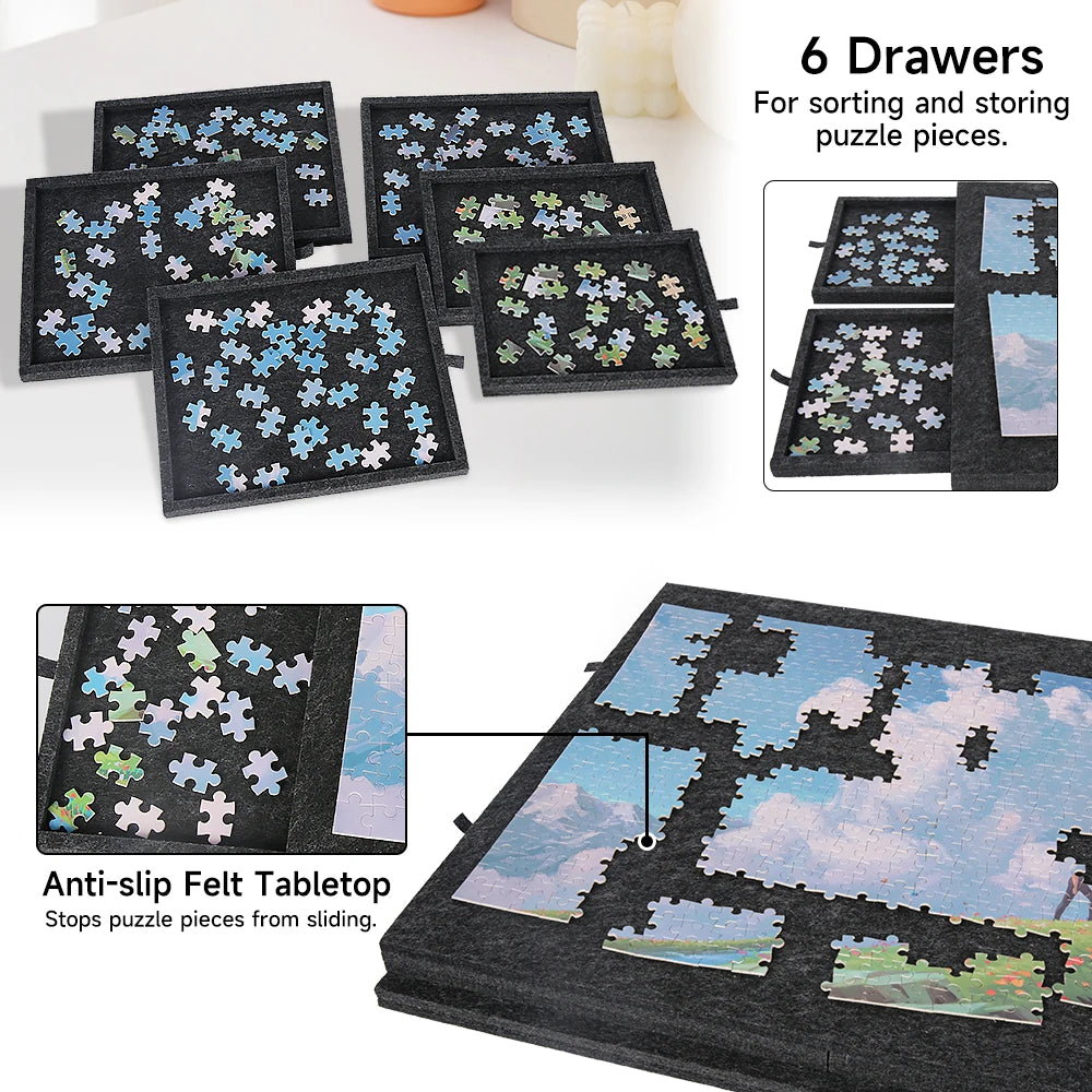 Portable Felt Puzzle Table Board - Foldable with Bracket Cover,Home Office 6 Drawers Storage Organizer for Puzzle&Craft Supplies
