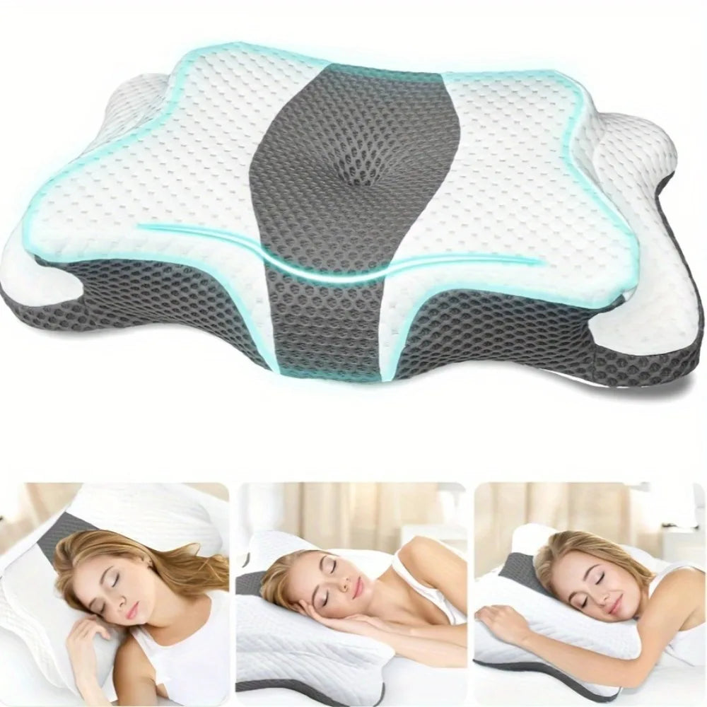 Almohada ergonómica de espuma viscoelástica tipo mariposa para alivio del dolor de cuello, almohada cervical ortopédica para cama para quienes duermen de lado, boca arriba o boca abajo, soporte para cabeza y hombros