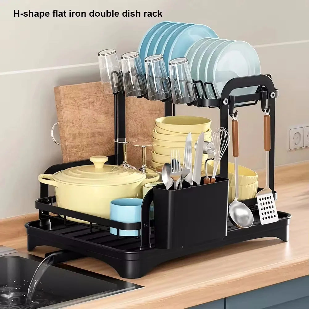 2 Layers Dish Drying Rack With Drainboard Household Dish Storage Holder Carbon Steel Sink Kitchen Organizer with Cutlery Holder