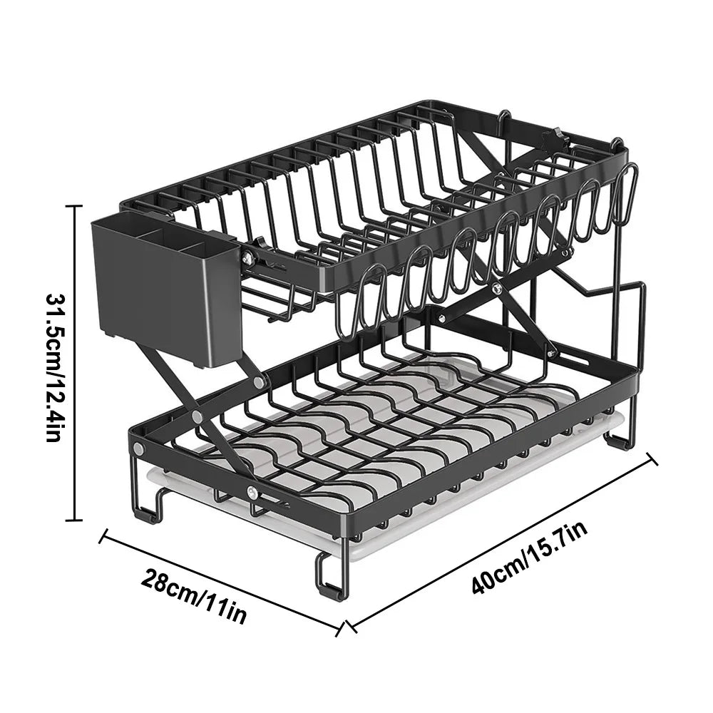 2 Layers Dish Drying Rack With Drainboard Household Dish Storage Holder Carbon Steel Sink Kitchen Organizer with Cutlery Holder