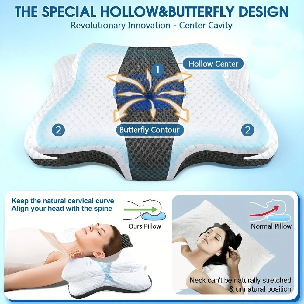 Almohada ergonómica de espuma viscoelástica tipo mariposa para alivio del dolor de cuello, almohada cervical ortopédica para cama para quienes duermen de lado, boca arriba o boca abajo, soporte para cabeza y hombros