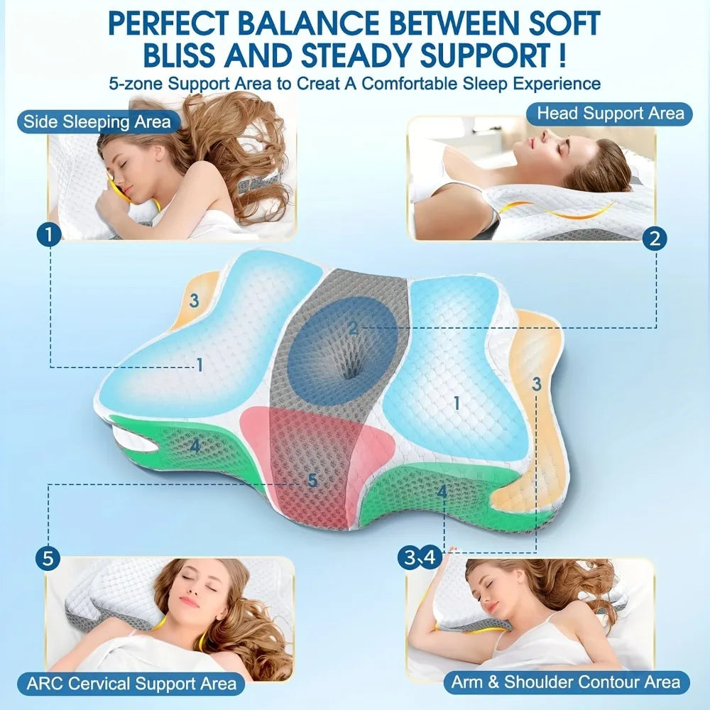 Almohada ergonómica de espuma viscoelástica tipo mariposa para alivio del dolor de cuello, almohada cervical ortopédica para cama para quienes duermen de lado, boca arriba o boca abajo, soporte para cabeza y hombros