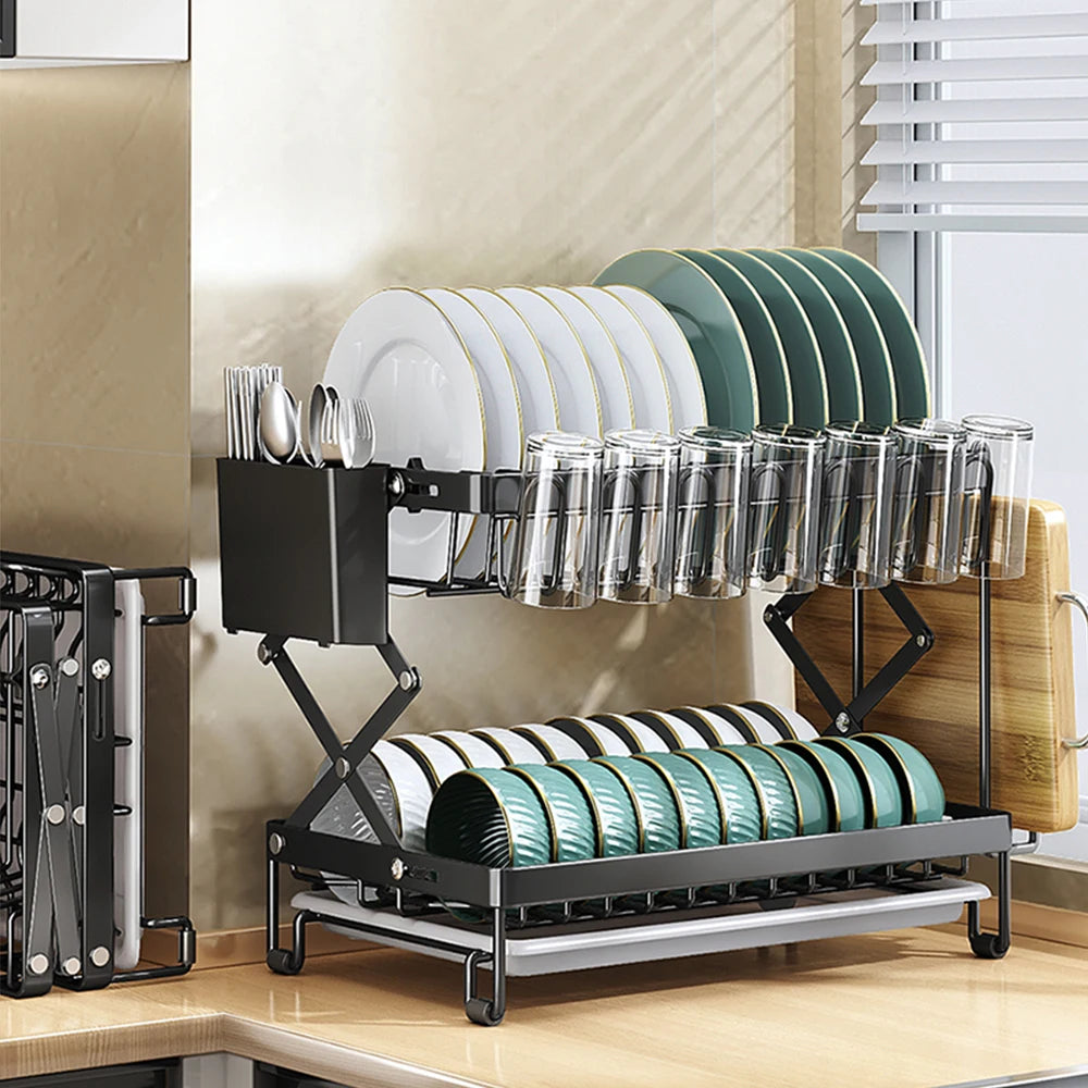 2 Layers Dish Drying Rack With Drainboard Household Dish Storage Holder Carbon Steel Sink Kitchen Organizer with Cutlery Holder