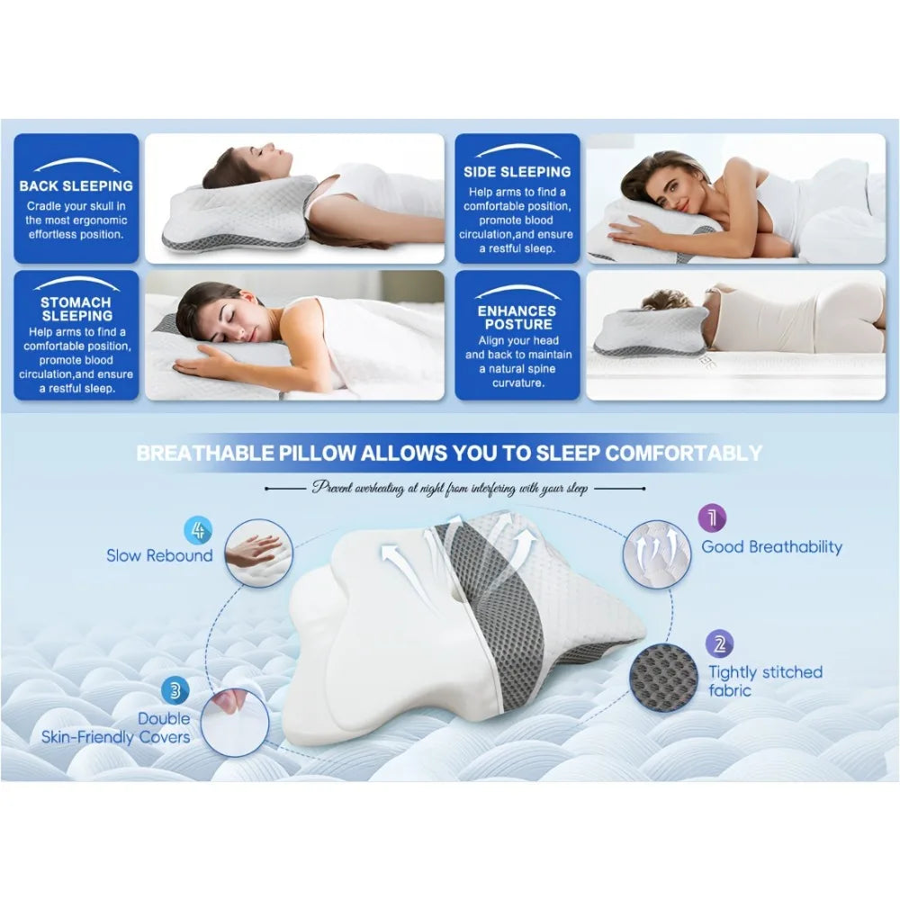 Almohada ergonómica de espuma viscoelástica tipo mariposa para alivio del dolor de cuello, almohada cervical ortopédica para cama para quienes duermen de lado, boca arriba o boca abajo, soporte para cabeza y hombros