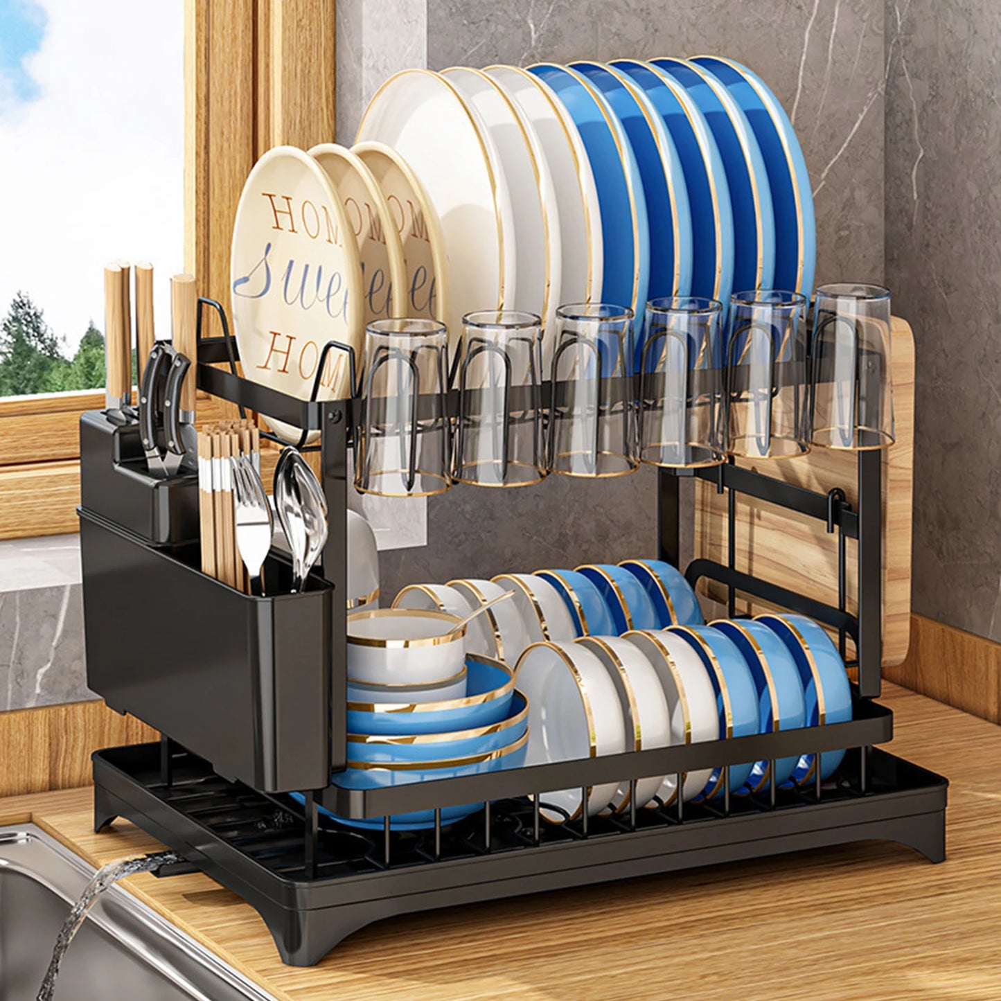 2 Layers Dish Drying Rack With Drainboard Household Dish Storage Holder Carbon Steel Sink Kitchen Organizer with Cutlery Holder