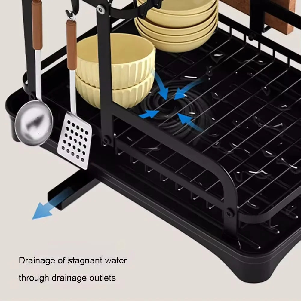 2 Layers Dish Drying Rack With Drainboard Household Dish Storage Holder Carbon Steel Sink Kitchen Organizer with Cutlery Holder