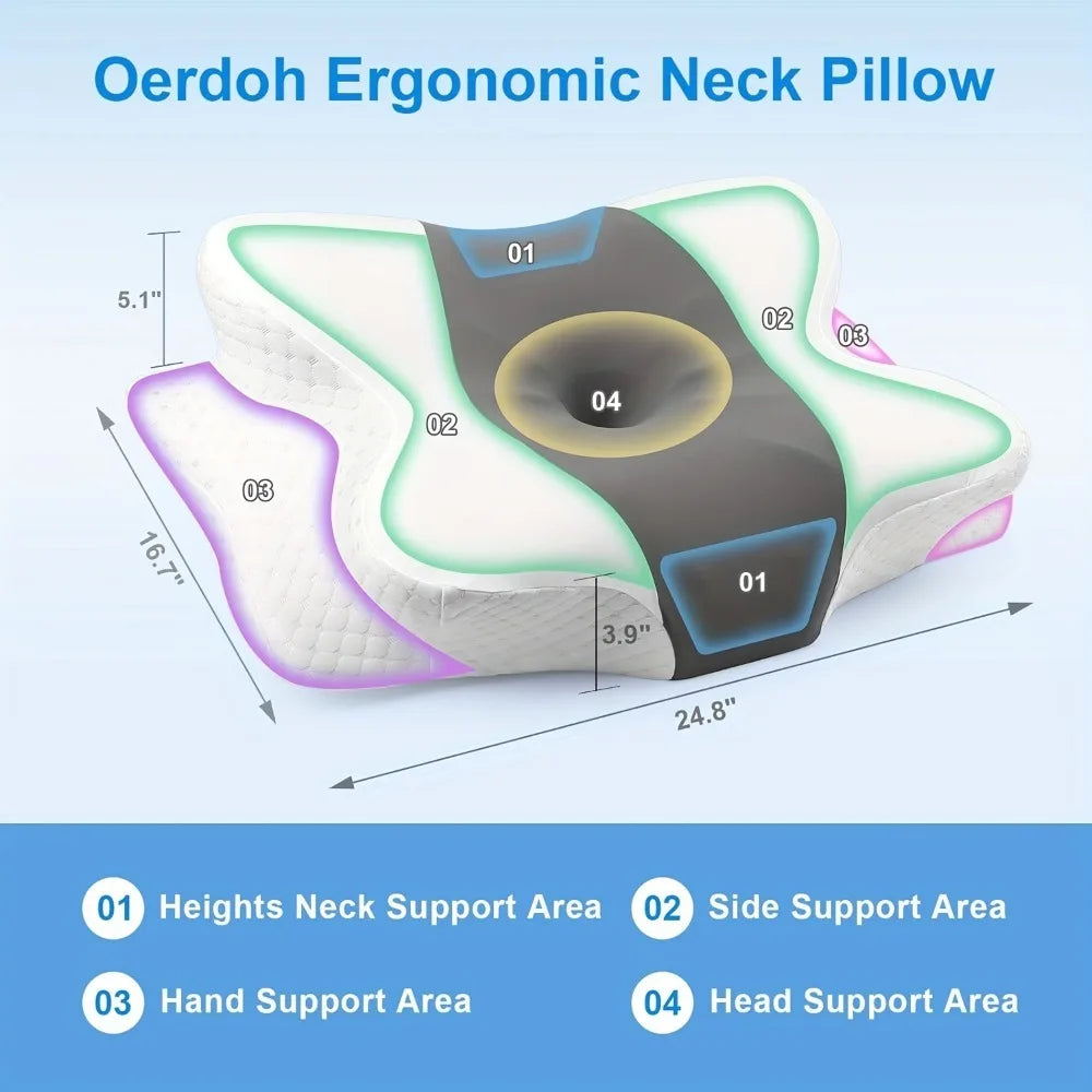 Almohada ergonómica de espuma viscoelástica tipo mariposa para alivio del dolor de cuello, almohada cervical ortopédica para cama para quienes duermen de lado, boca arriba o boca abajo, soporte para cabeza y hombros