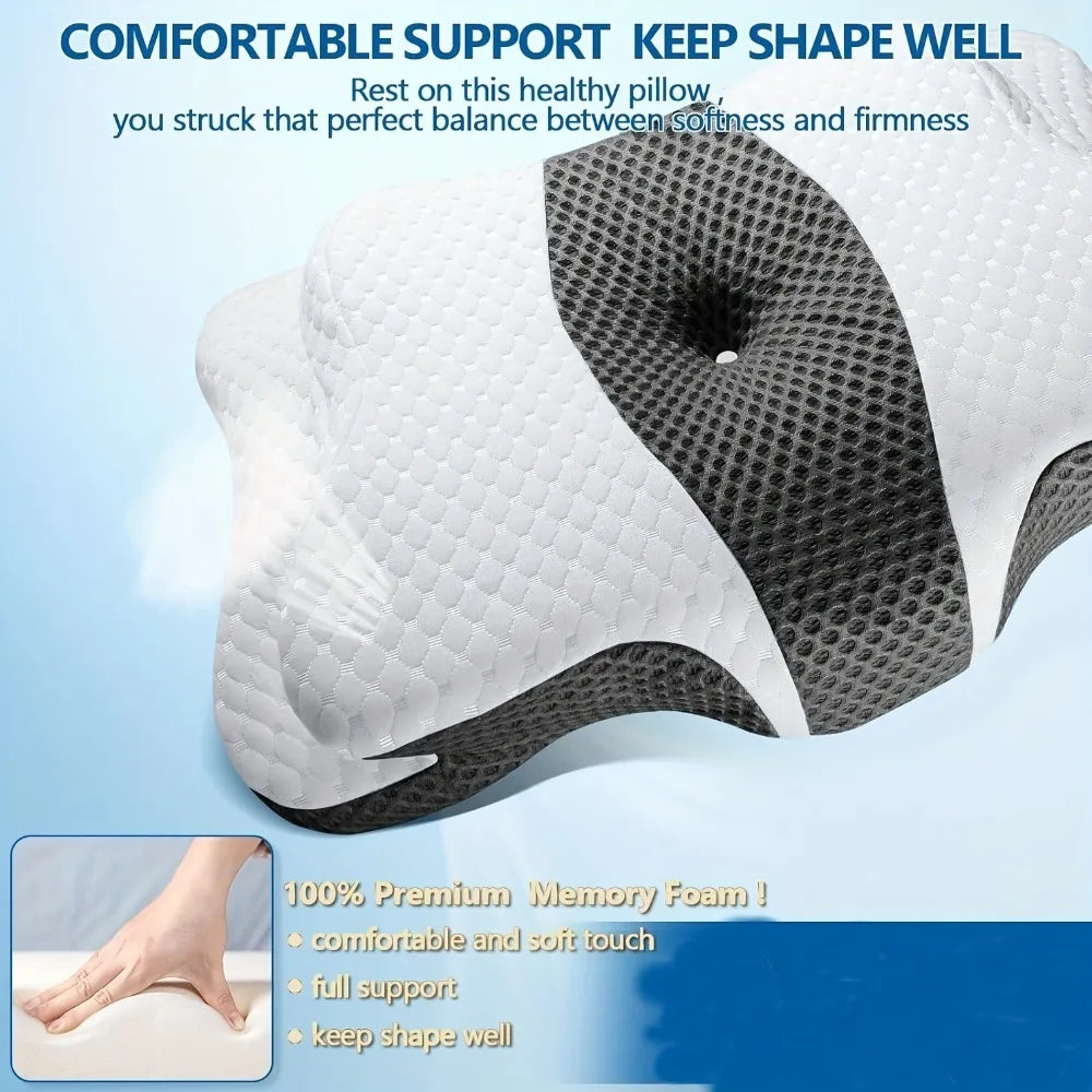Almohada ergonómica de espuma viscoelástica tipo mariposa para alivio del dolor de cuello, almohada cervical ortopédica para cama para quienes duermen de lado, boca arriba o boca abajo, soporte para cabeza y hombros