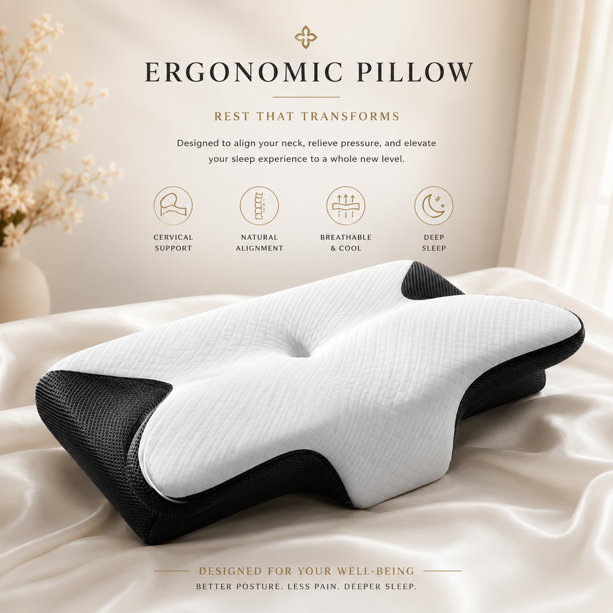 DormiCare™ Ergonomic Butterfly Memory Foam Pillow – Neck & Shoulder Pain Relief for Side, Back & Stomach Sleepers