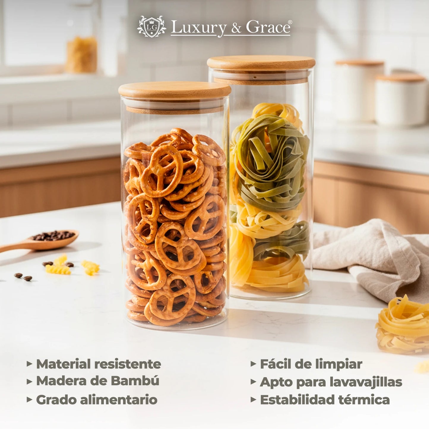 LG Luxury & Grace Juego de 4 Tarros de Cristal de 1.9L (28.5x10 cm) con Tapa de Bambú y Sello de Silicona - Botes de cocina versátiles para azúcar, especias y almacenamiento de alimentos secos, con cierre hermético y diseño de fácil limpieza.