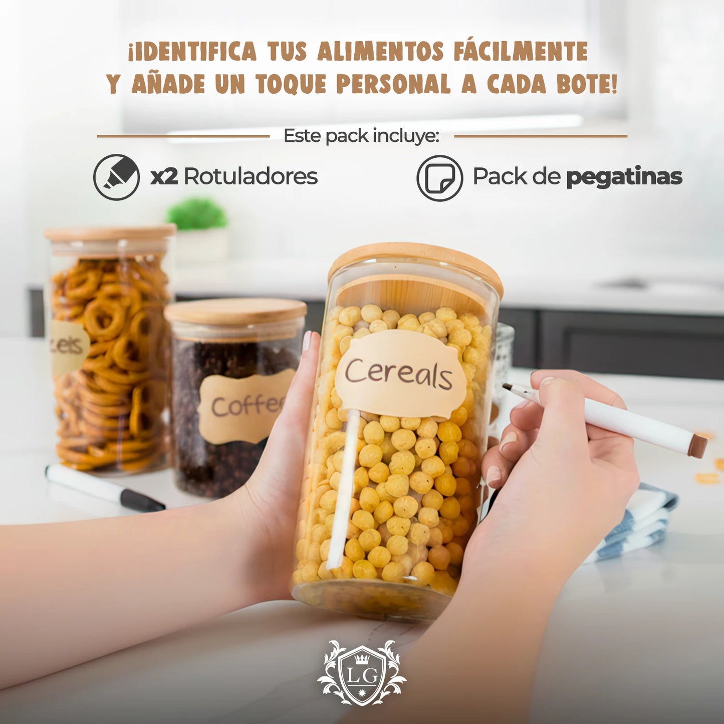 LG Luxury & Grace Juego de 4 Tarros de Cristal de 1.9L (28.5x10 cm) con Tapa de Bambú y Sello de Silicona - Botes de cocina versátiles para azúcar, especias y almacenamiento de alimentos secos, con cierre hermético y diseño de fácil limpieza.