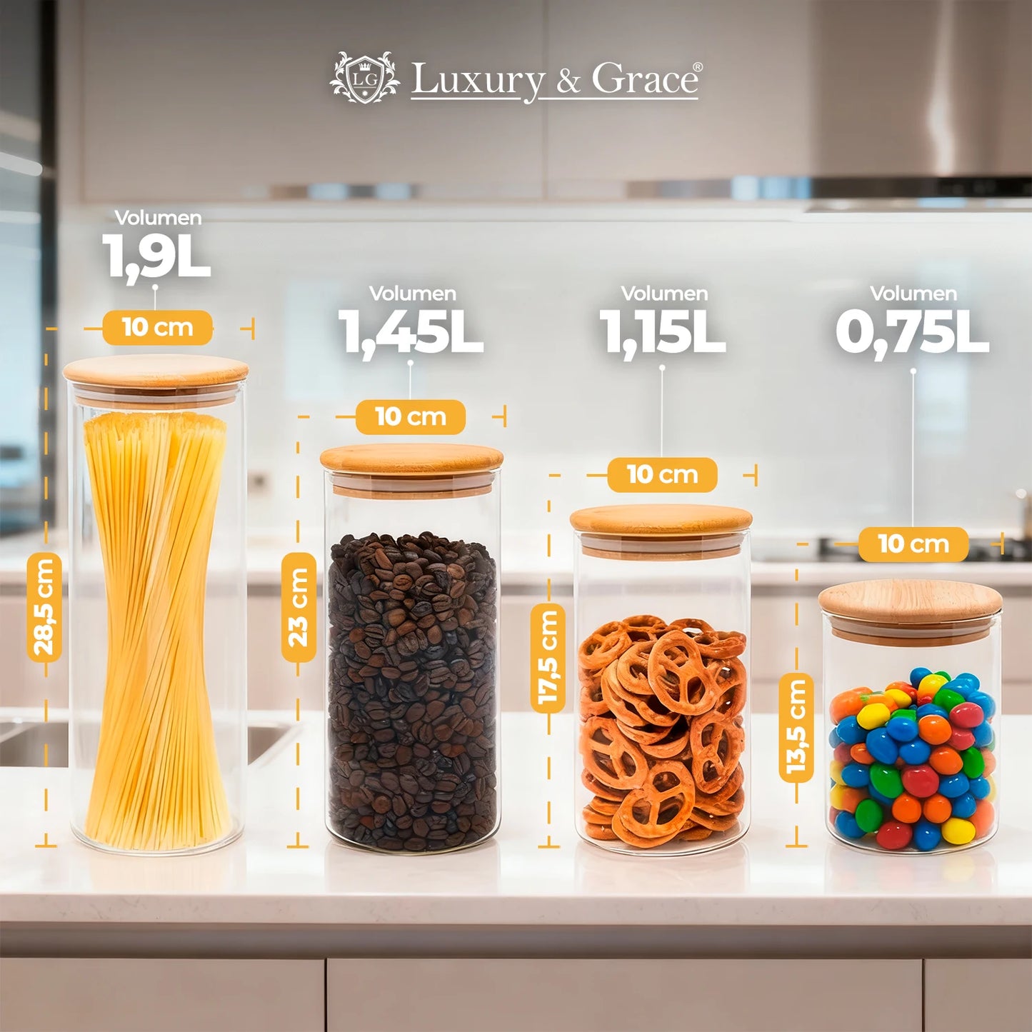 LG Luxury & Grace Juego de 4 Tarros de Cristal de 1.9L (28.5x10 cm) con Tapa de Bambú y Sello de Silicona - Botes de cocina versátiles para azúcar, especias y almacenamiento de alimentos secos, con cierre hermético y diseño de fácil limpieza.