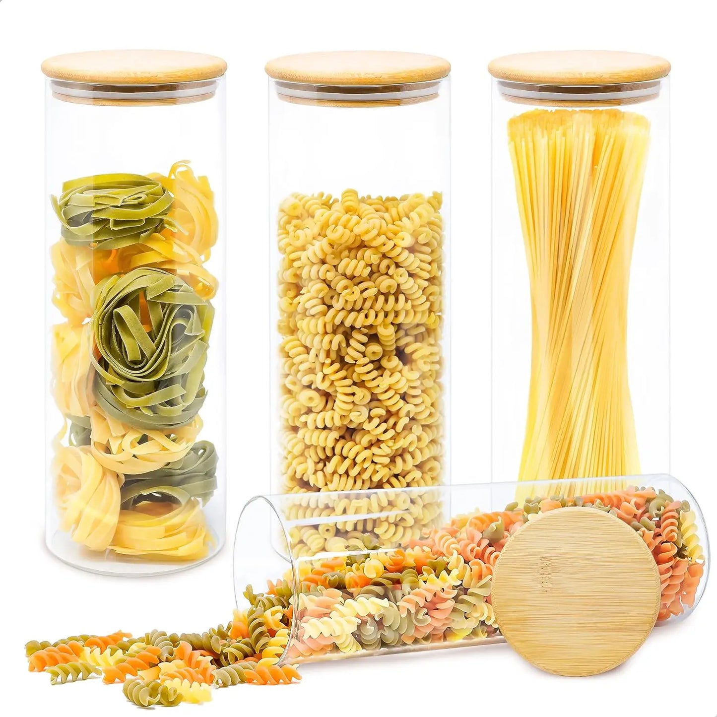 LG Luxury & Grace Juego de 4 Tarros de Cristal de 1.9L (28.5x10 cm) con Tapa de Bambú y Sello de Silicona - Botes de cocina versátiles para azúcar, especias y almacenamiento de alimentos secos, con cierre hermético y diseño de fácil limpieza.