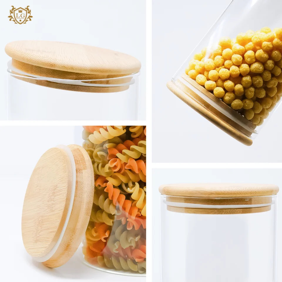 LG Luxury & Grace Juego de 4 Tarros de Cristal de 1.9L (28.5x10 cm) con Tapa de Bambú y Sello de Silicona - Botes de cocina versátiles para azúcar, especias y almacenamiento de alimentos secos, con cierre hermético y diseño de fácil limpieza.