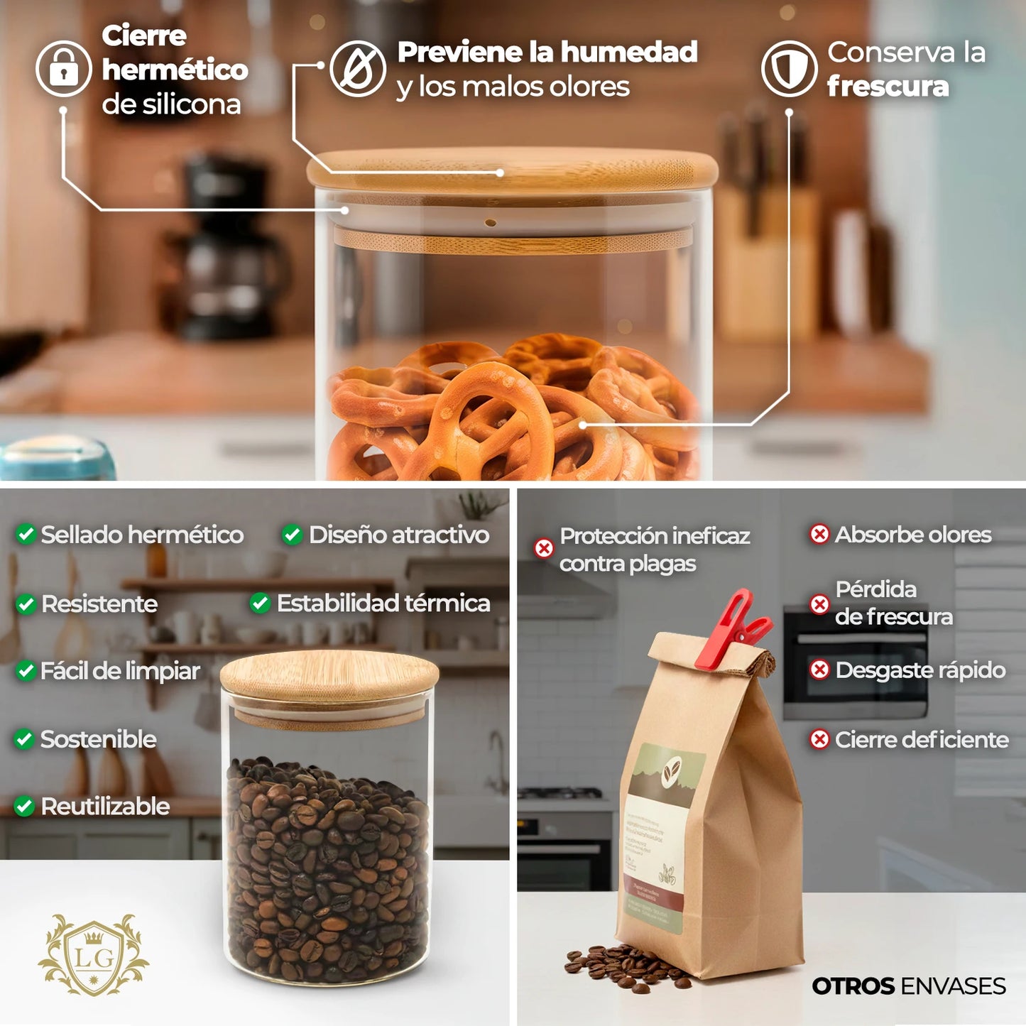 LG Luxury & Grace Juego de 4 Tarros de Cristal de 1.9L (28.5x10 cm) con Tapa de Bambú y Sello de Silicona - Botes de cocina versátiles para azúcar, especias y almacenamiento de alimentos secos, con cierre hermético y diseño de fácil limpieza.
