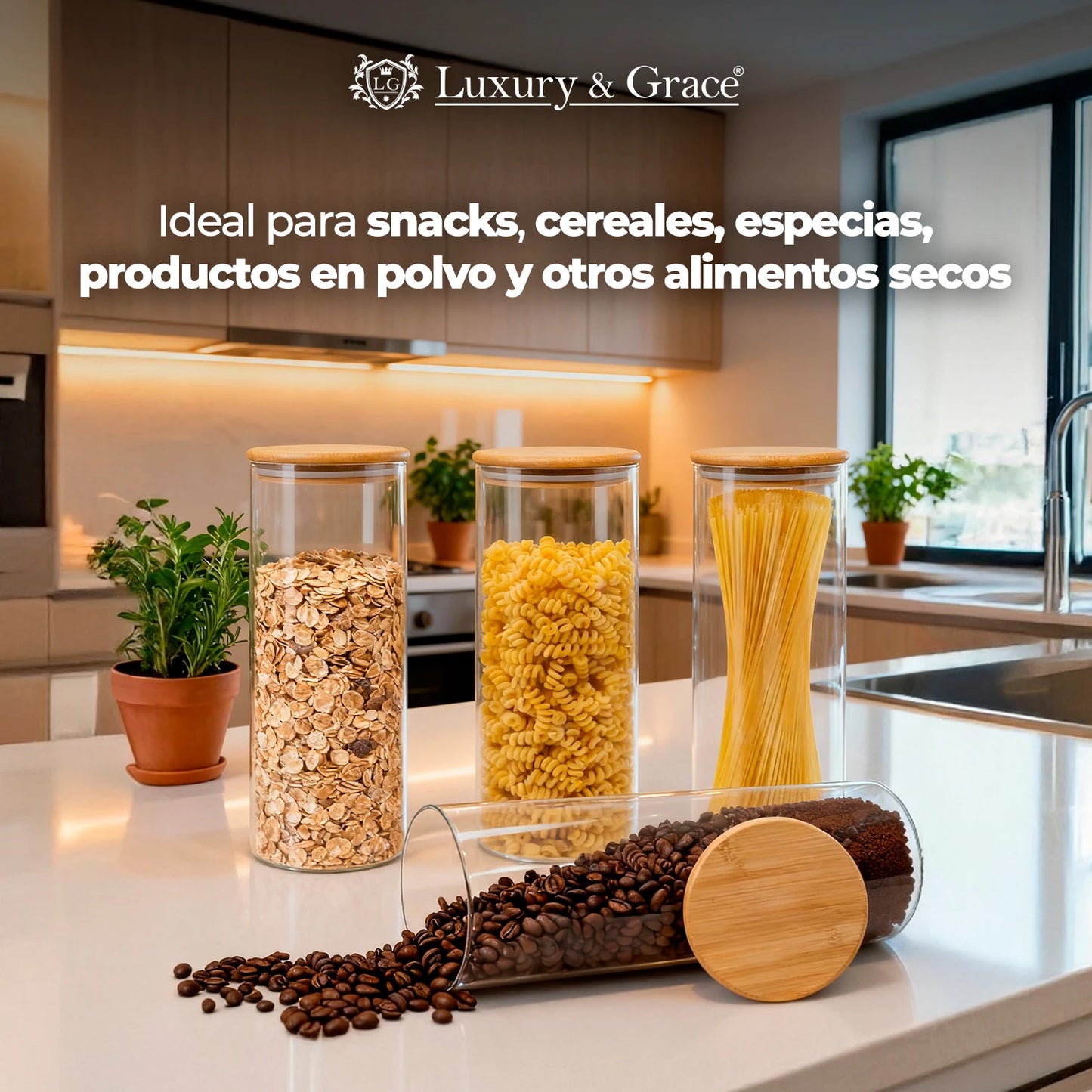 LG Luxury & Grace Juego de 4 Tarros de Cristal de 1.9L (28.5x10 cm) con Tapa de Bambú y Sello de Silicona - Botes de cocina versátiles para azúcar, especias y almacenamiento de alimentos secos, con cierre hermético y diseño de fácil limpieza.
