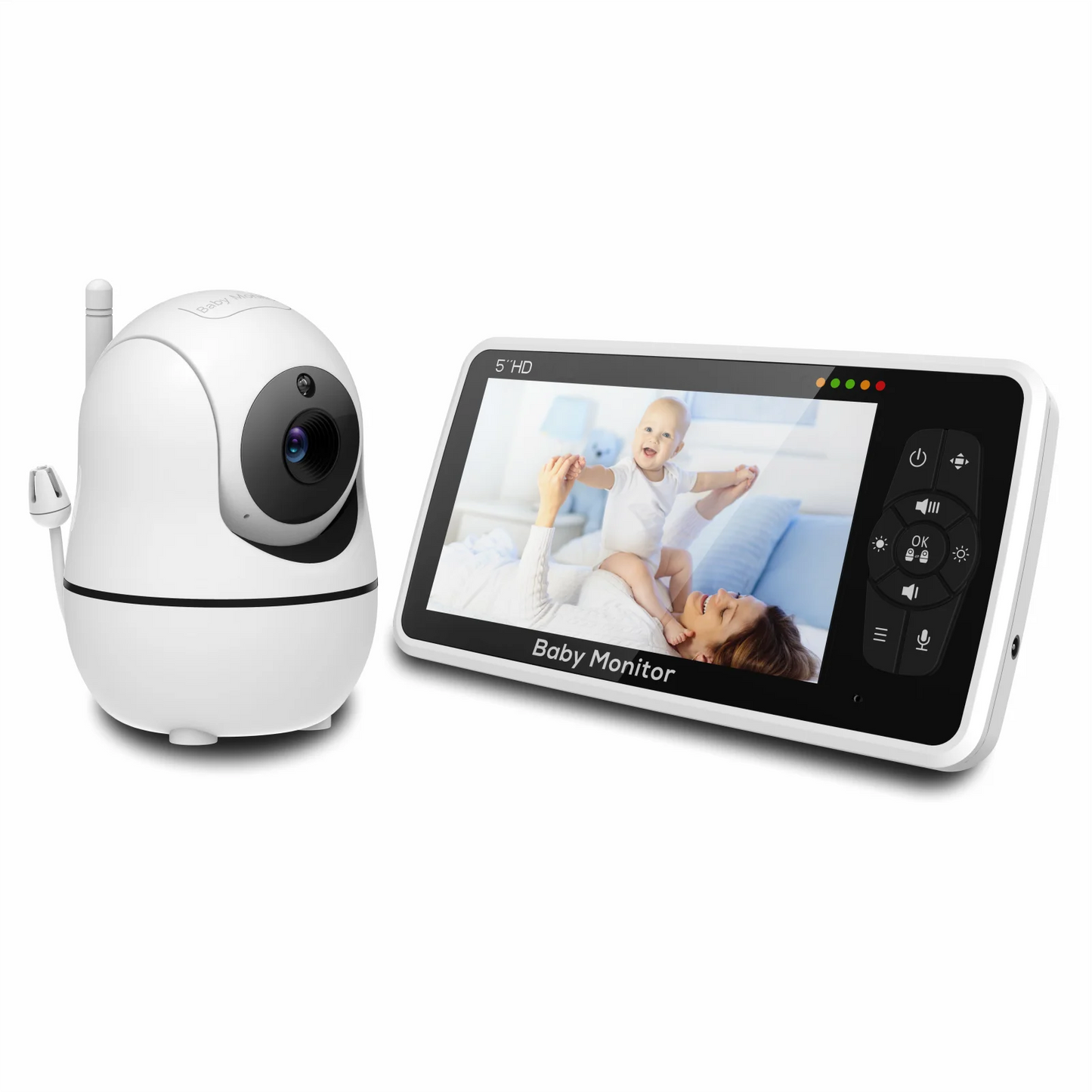 Nuevo monitor de video para bebés de 5 pulgadas con cámara y audio, zoom 4X, batería de 22 horas, rango de 300 metros, audio bidireccional, sensor de temperatura y nanas.