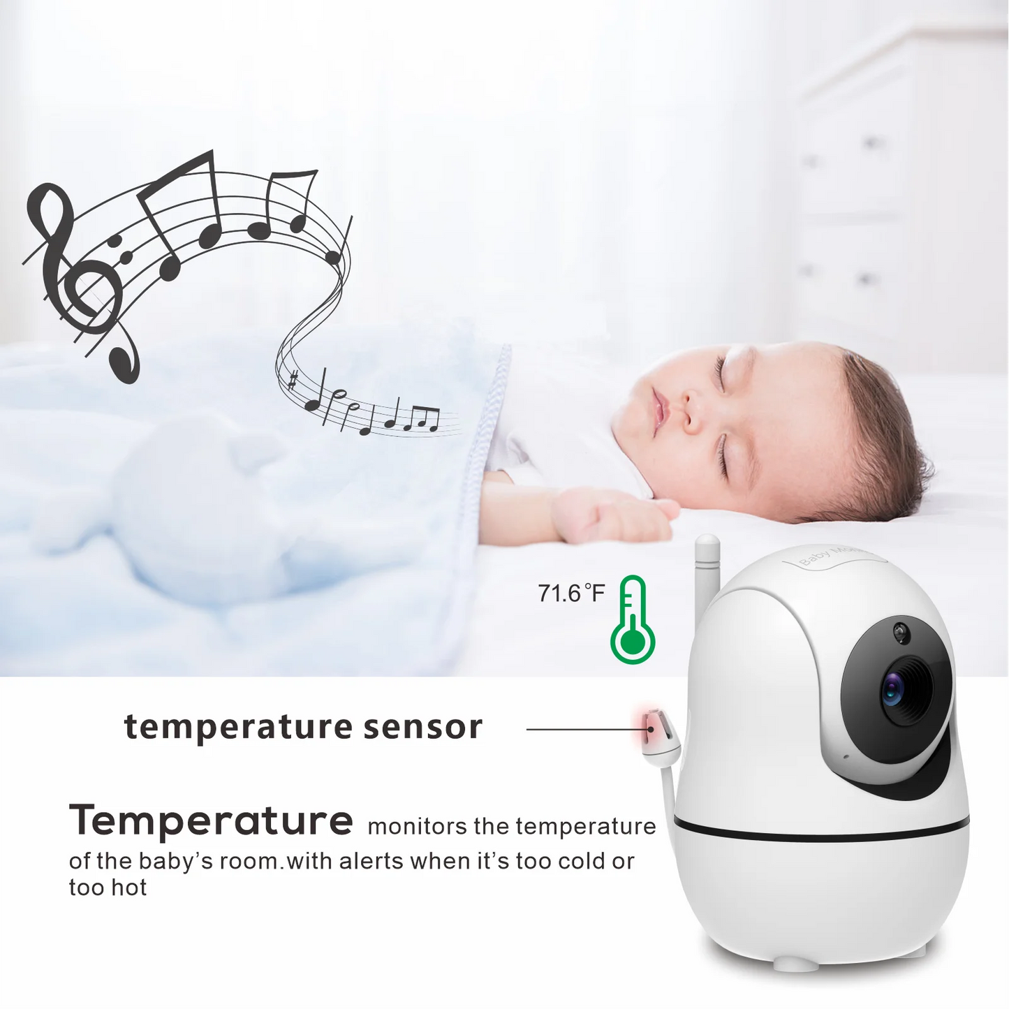 Nuevo monitor de video para bebés de 5 pulgadas con cámara y audio, zoom 4X, batería de 22 horas, rango de 300 metros, audio bidireccional, sensor de temperatura y nanas.