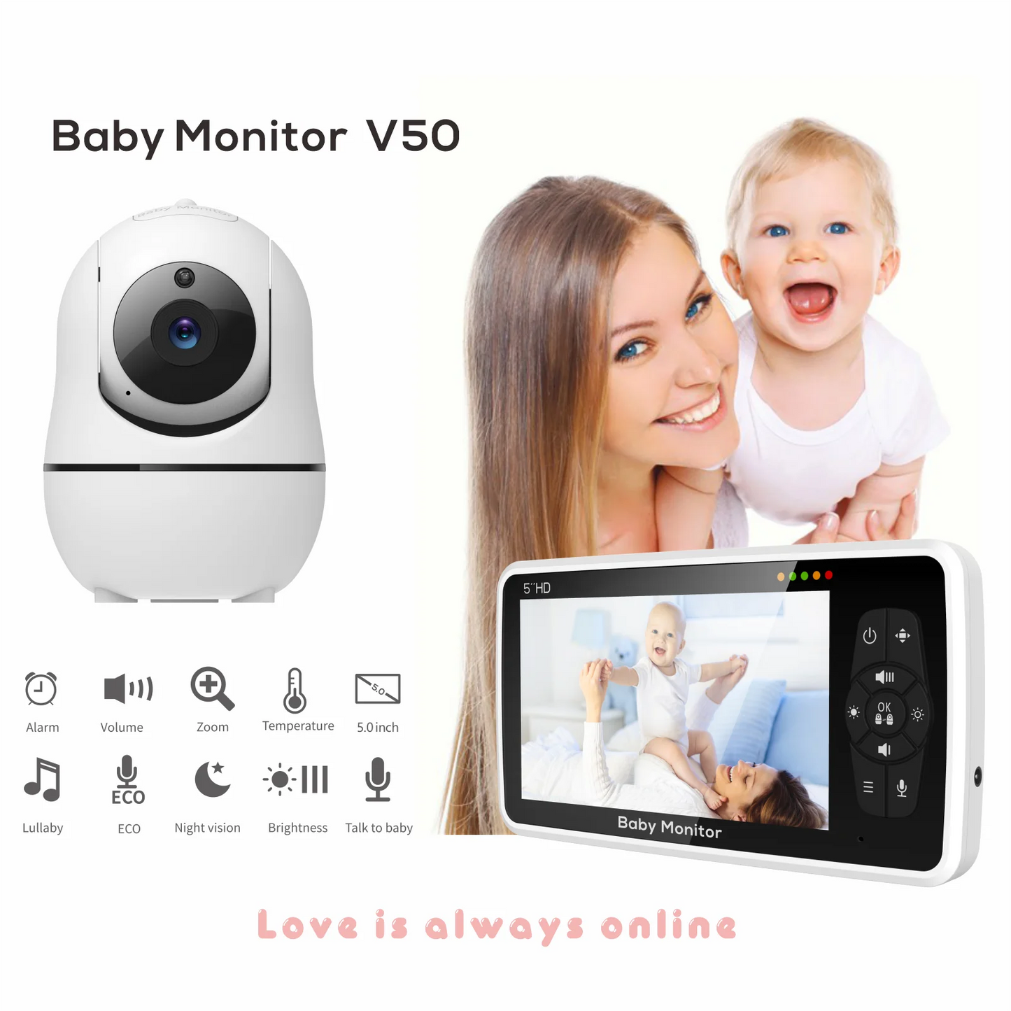 Nuevo monitor de video para bebés de 5 pulgadas con cámara y audio, zoom 4X, batería de 22 horas, rango de 300 metros, audio bidireccional, sensor de temperatura y nanas.