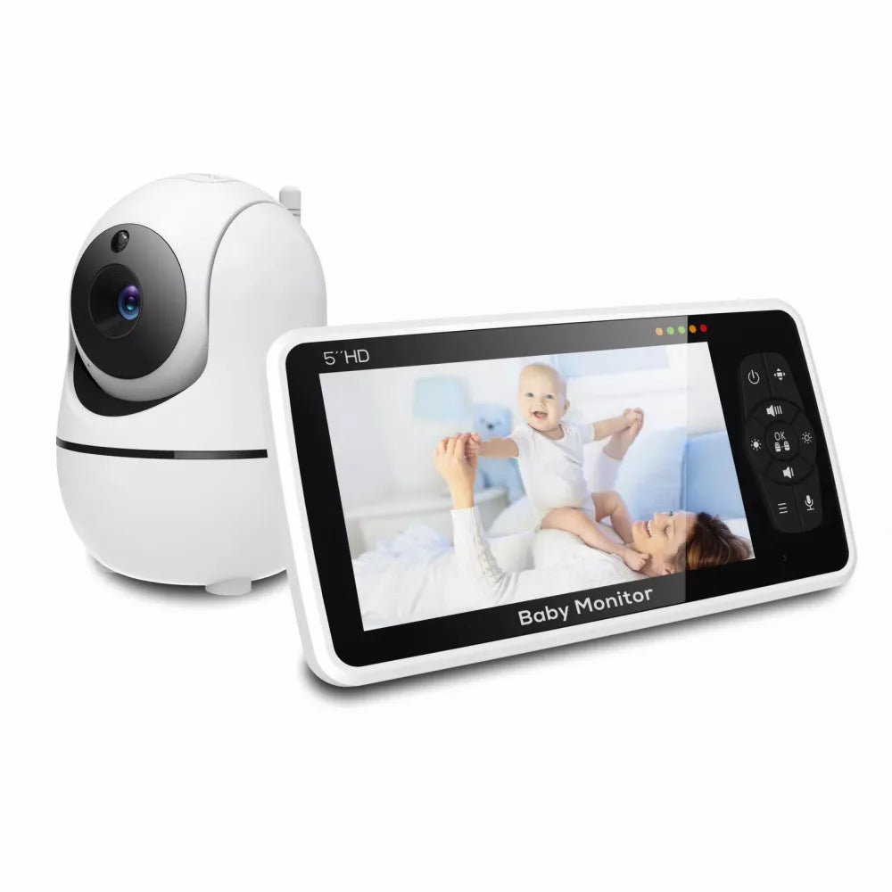 Nuevo monitor de video para bebés de 5 pulgadas con cámara y audio, zoom 4X, batería de 22 horas, rango de 300 metros, audio bidireccional, sensor de temperatura y nanas.