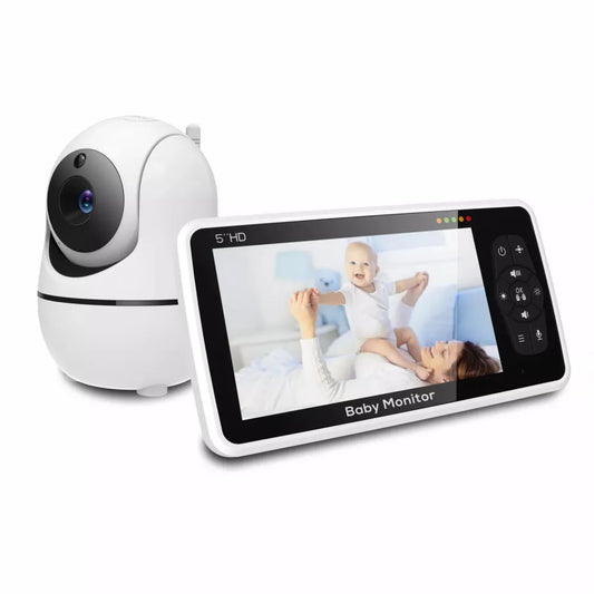 Nuevo monitor de video para bebés de 5 pulgadas con cámara y audio, zoom 4X, batería de 22 horas, rango de 300 metros, audio bidireccional, sensor de temperatura y nanas.