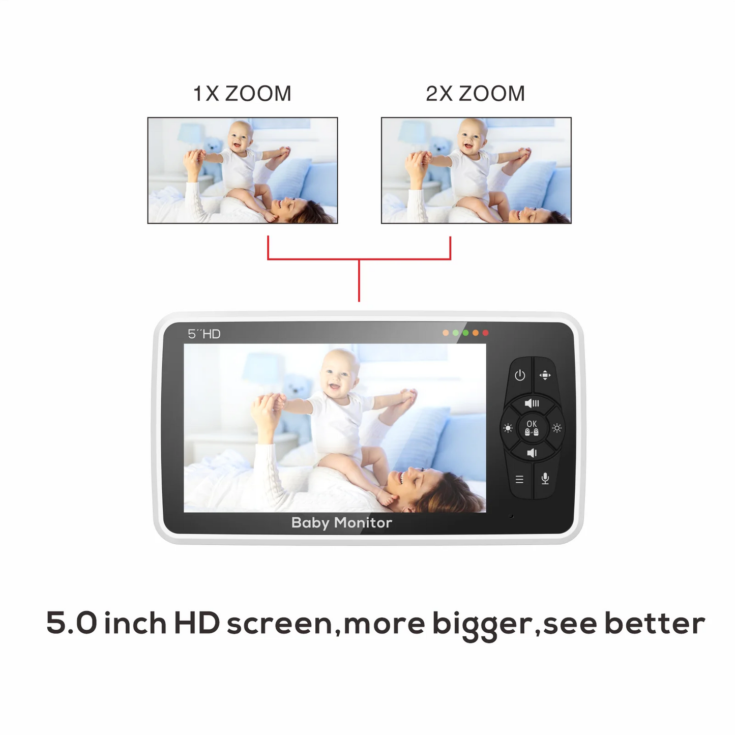 Nuevo monitor de video para bebés de 5 pulgadas con cámara y audio, zoom 4X, batería de 22 horas, rango de 300 metros, audio bidireccional, sensor de temperatura y nanas.
