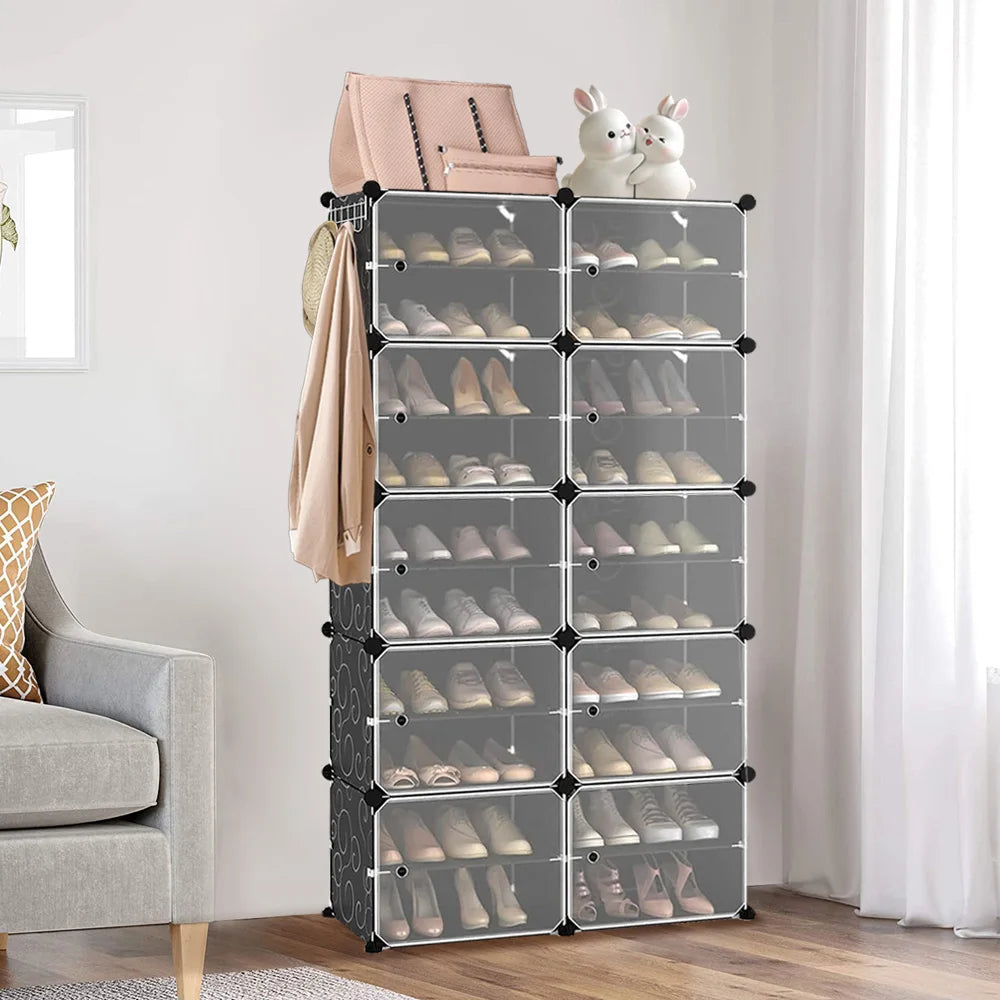 Shoe Storage, 40 Pairs, 2 x 10 Tier Shoe Cabinet, Cabinet with Door, Shoe Boxes, for Entryway Living Room Bedroom