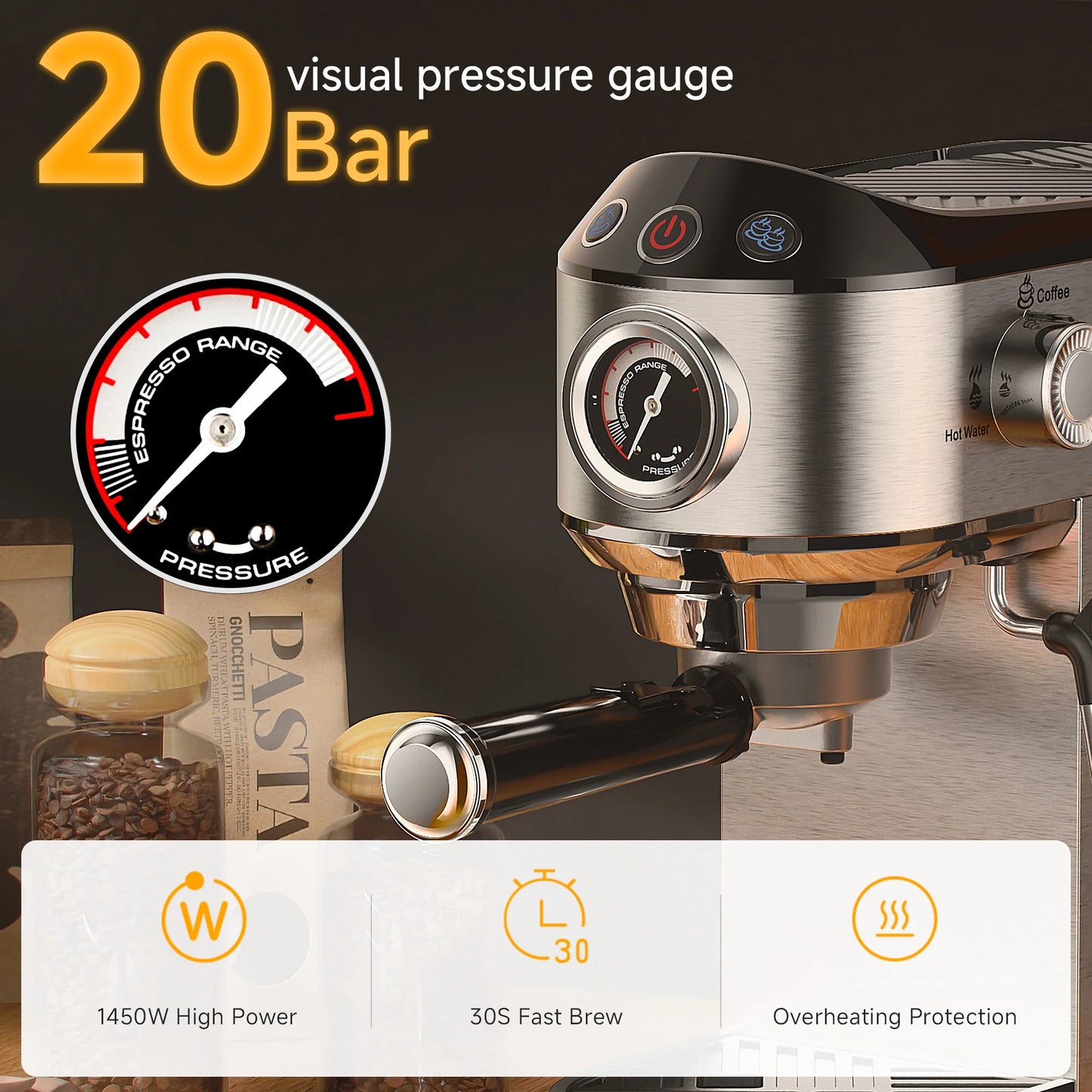 BioloMix Cafetera Semiautomática de Acero Inoxidable de 20 Bares, con Varita Espumadora de Leche, para Espresso, Cappuccino