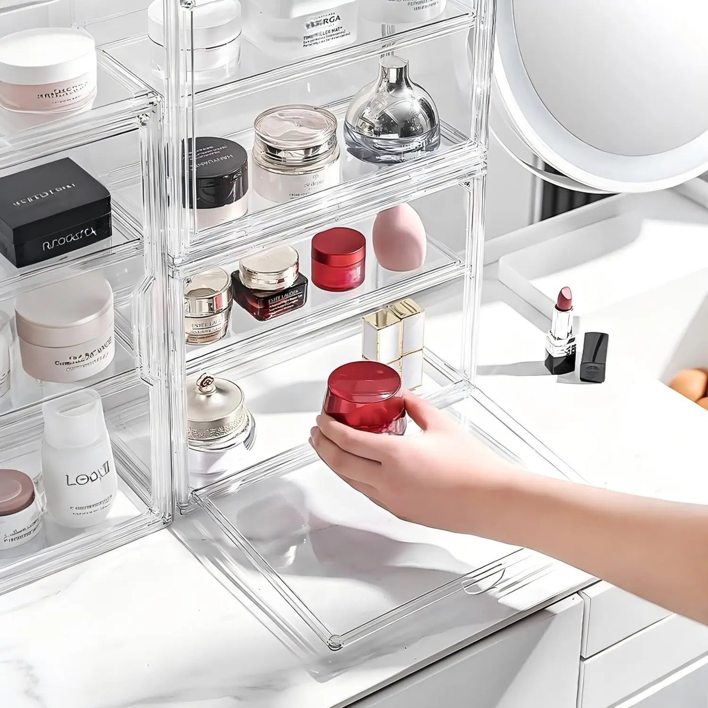 Estuche Transparente Organizador de Maquillaje, Caja Organizadora de Cosméticos a Prueba de Polvo, Contenedores de Cuidado de la Piel, Estuches Expositores de Cosméticos en Capas de Gran Capacidad