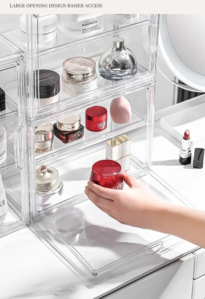 Estuche Transparente Organizador de Maquillaje, Caja Organizadora de Cosméticos a Prueba de Polvo, Contenedores de Cuidado de la Piel, Estuches Expositores de Cosméticos en Capas de Gran Capacidad