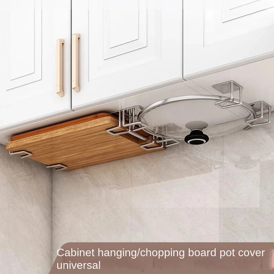 Estante de almacenamiento de acero inoxidable sin perforaciones para cocina, estante para tapas de ollas montado en la pared, estante de almacenamiento para tablas de cortar en la parte inferior del gabinete