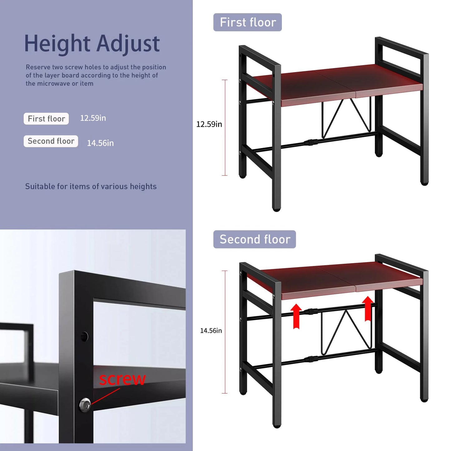1 unidad organizador de estante de microondas expandible de 42-64 cm, organizador de encimera de microondas a prueba de humedad y óxido, almacenamiento de vajilla
