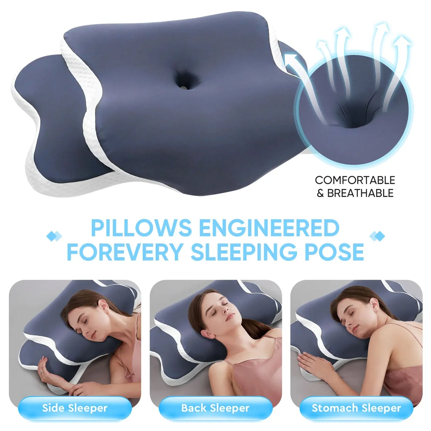 Almohada Cervical de Espuma Viscoelástica para Aliviar el Dolor de Cuello – Almohada Ortopédica Ergonómica con Soporte Cervical para Dormir de Lado, Boca Arriba o Boca Abajo
