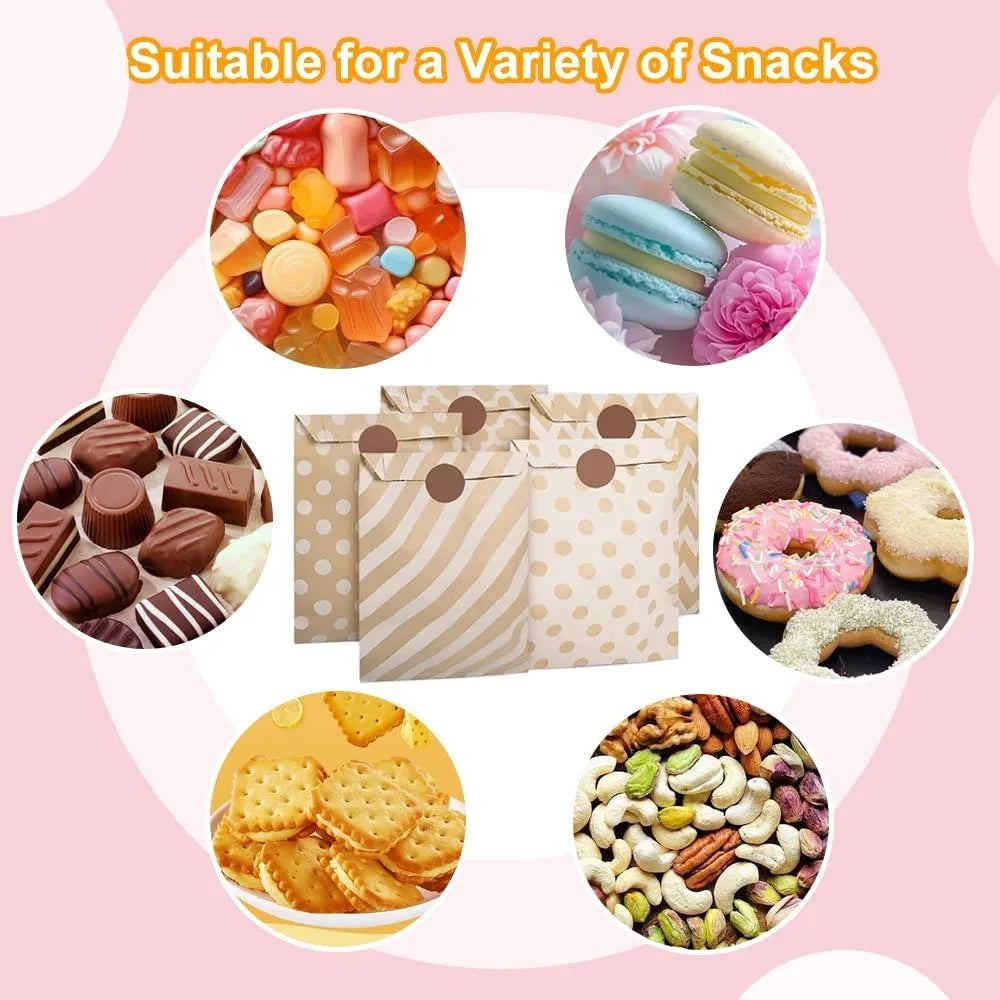 25PCS Small Kraft Paper Gift Bags 18x13cm with sticker – Cute and Versatile Pouches for Parties, Weddings, Birthdays, and Events