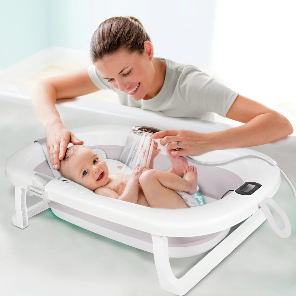 Bañera plegable para bebé con tapete, bañera para bebé con termómetro integrado, bañera portátil para bebés de 0 a 36 meses