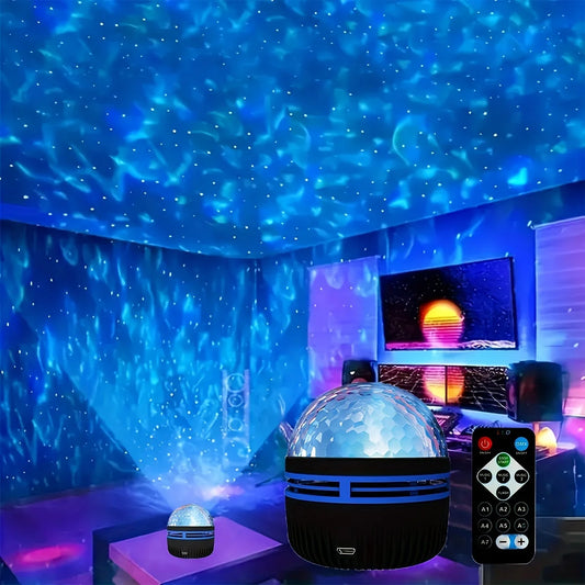 Proyector LED de olas oceánicas con galaxia estrellada, RGB, control remoto inteligente, luces navideñas USB KTV, rotación automática para decoración del hogar y el dormitorio.