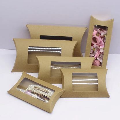 10pcs  DIY gift packaging with windows, white/kraft paper/black, multiple size pillow packaging box