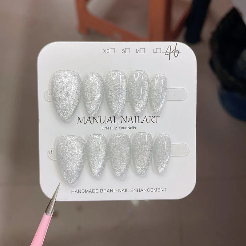 10Pc Handmade Nails in Soft Almond Shape with Cat Eye Shimmer Finish Press-On Nail Tips Perfect for Gifting to Women and Friend