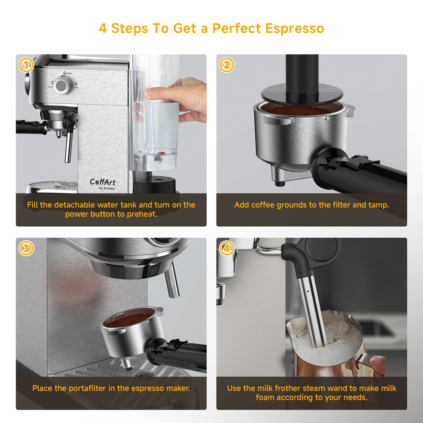 BioloMix Cafetera Semiautomática de Acero Inoxidable de 20 Bares, con Varita Espumadora de Leche, para Espresso, Cappuccino