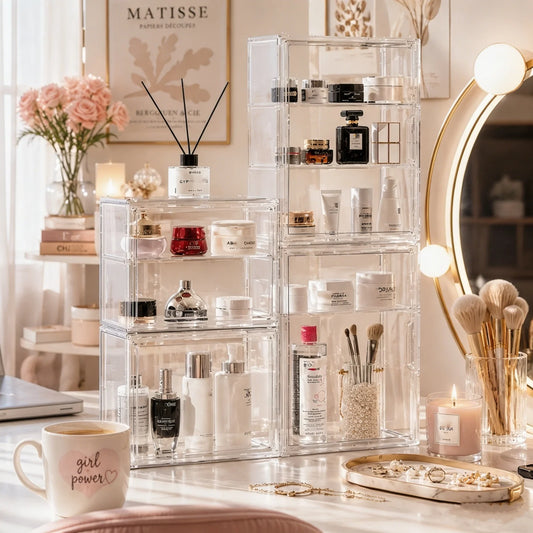 Estuche Transparente Organizador de Maquillaje, Caja Organizadora de Cosméticos a Prueba de Polvo, Contenedores de Cuidado de la Piel, Estuches Expositores de Cosméticos en Capas de Gran Capacidad